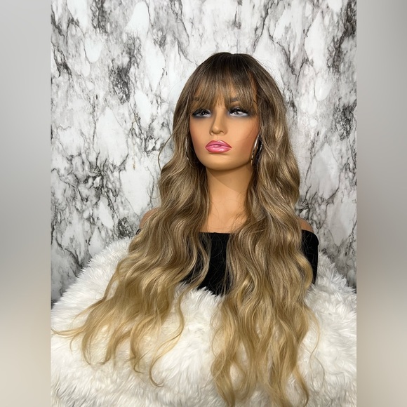 30 In Wig Dark roots Blonde ombre  Style Loose Wavy Wig With Bangs Natur… - Picture 6 of 12